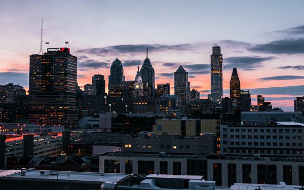 Sunset over Philadelphia buildings